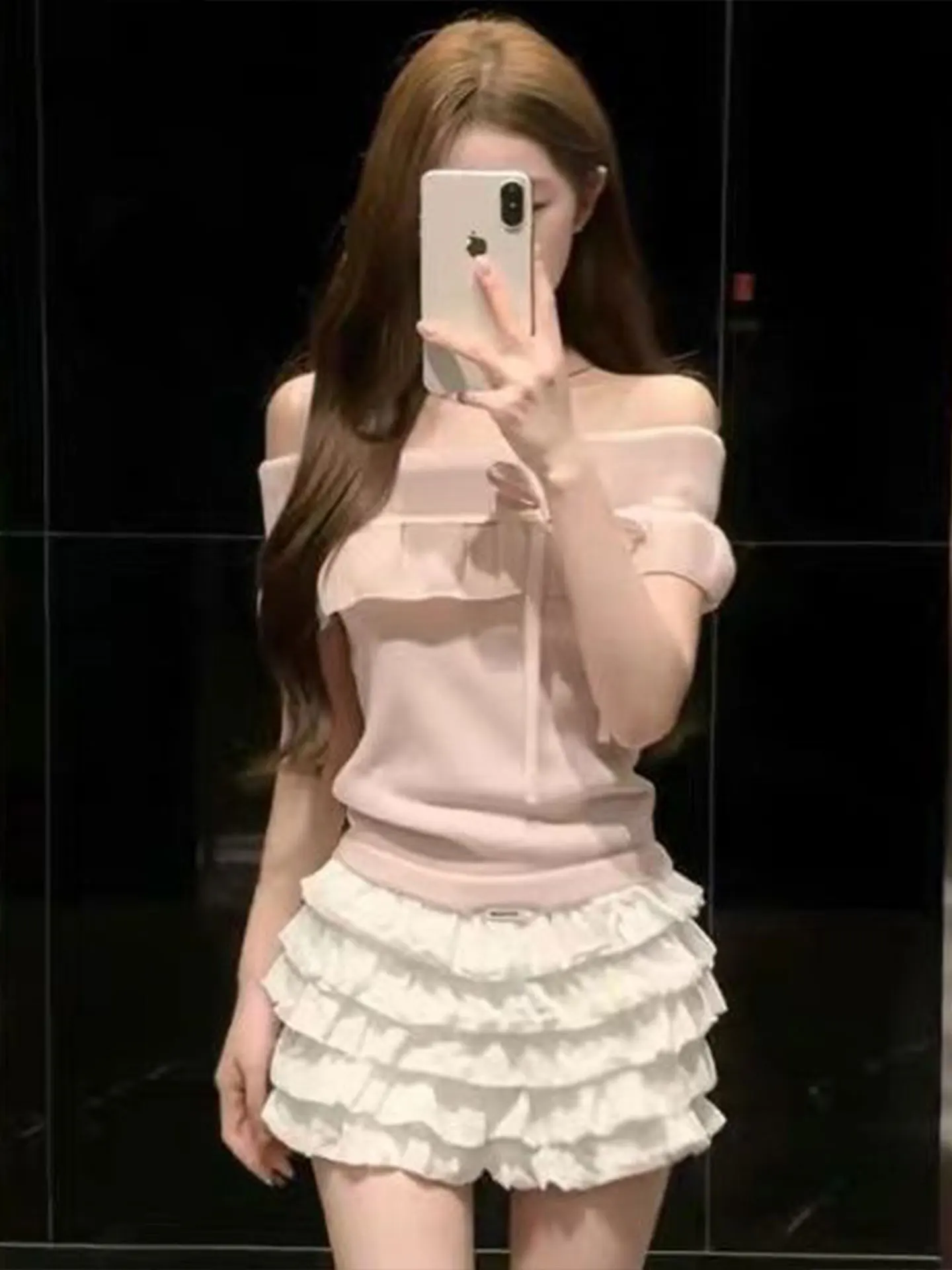 Sweet Pink Girl Style One Shoulder Bowed Knitwear Summer Pleated Slimming Design Princess Style Women's Fashion Top