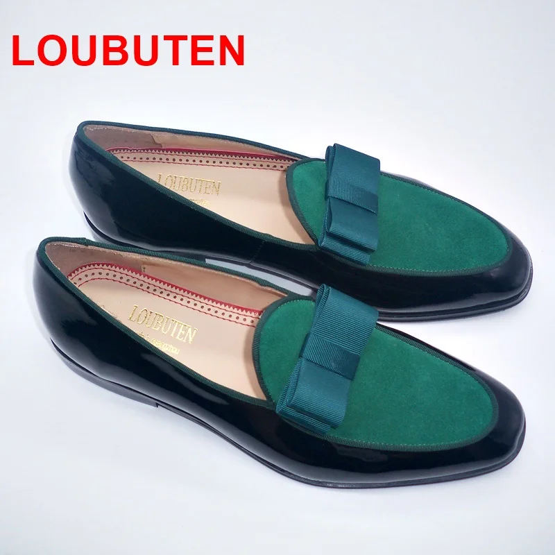 LOUBUTEN Summer New Fashion Green Butterfly-Knot Mens Loafers Stylish Patent Leather Shoes Men Dress Shoes Slip On Party Shoes