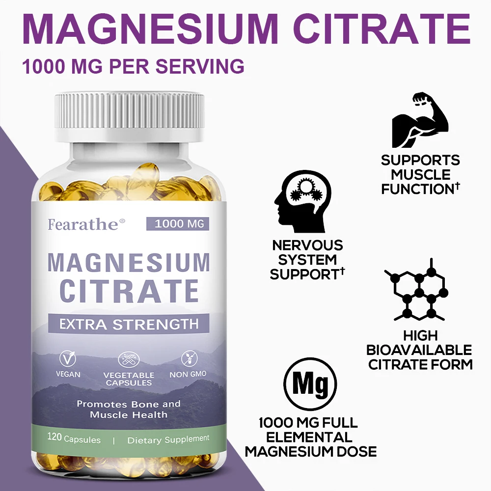 Magnesiumcitraat 1000 mg - Dietaire supplement om spierontspanning te bevorderen, het zenuwstelsel, bot en hart te ondersteunen - 120 capsules