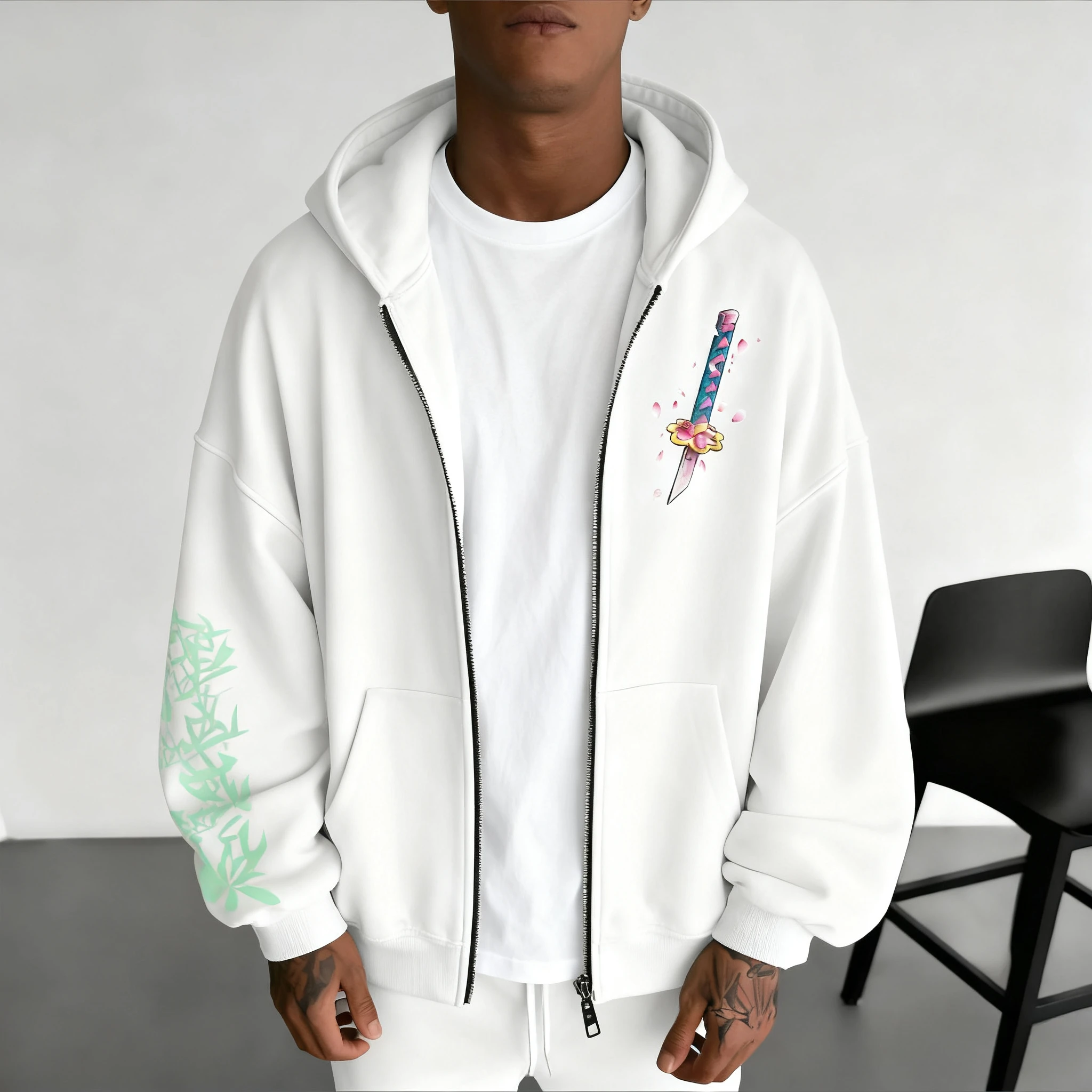 Demon Slayer Anime Sudadera con capucha con cremallera para hombre Otoño/Invierno nueva colección Kanroji Mitsuri impreso Casual suéter deportivo suelto Top