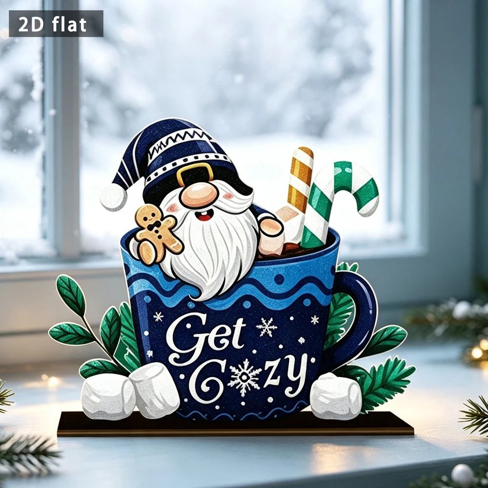 Wooden Christmas Tabletop Ornament, 2D Flat Gnome in Hot Cocoa Cup Sign, Get Cozy Winter Holiday Desktop Decoration