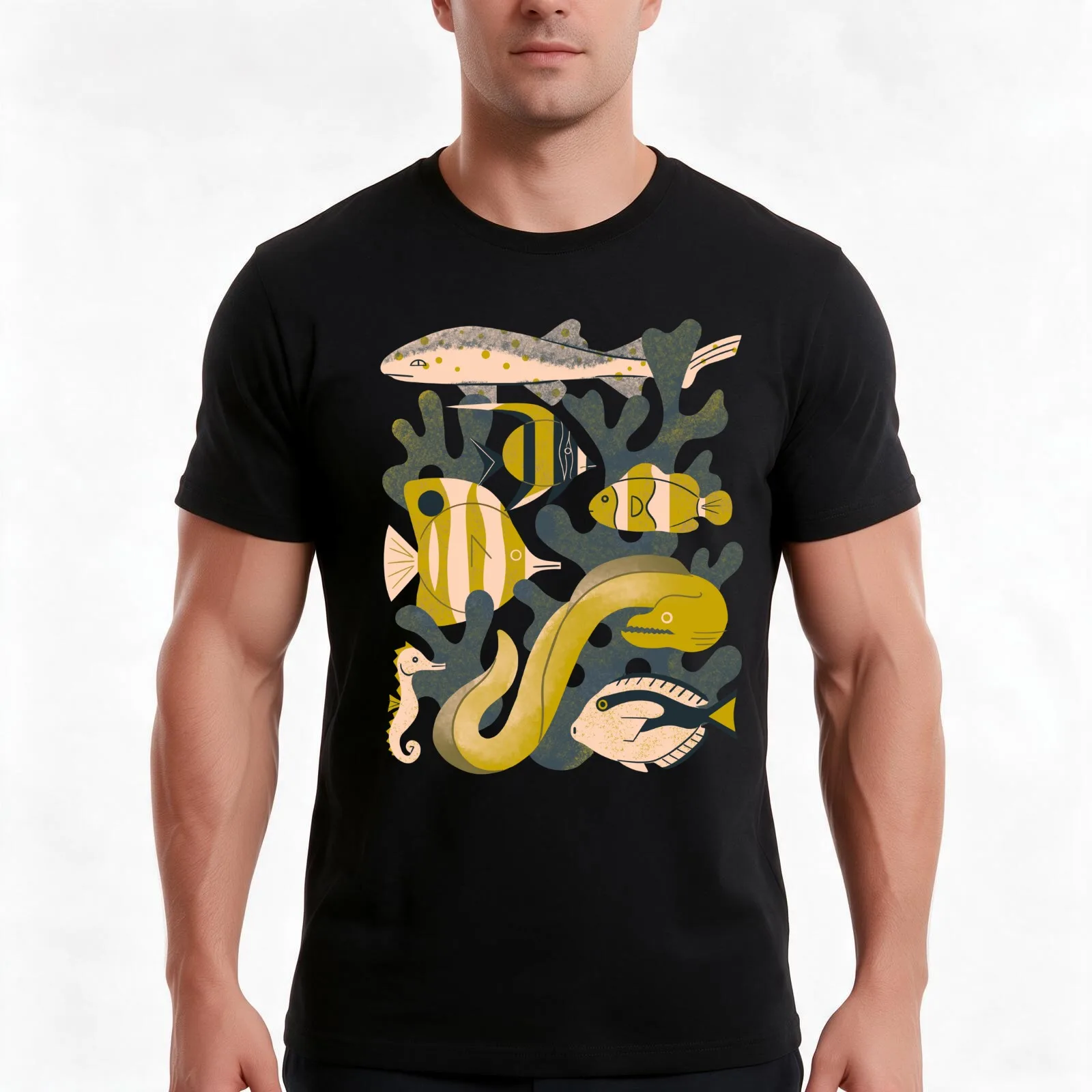 Coral Fishes T-Shirt, Summer Casual Cotton Tee, Oversized Streetwear Tops, Vintage Graphic Print, Loose Fit Short Sleeve