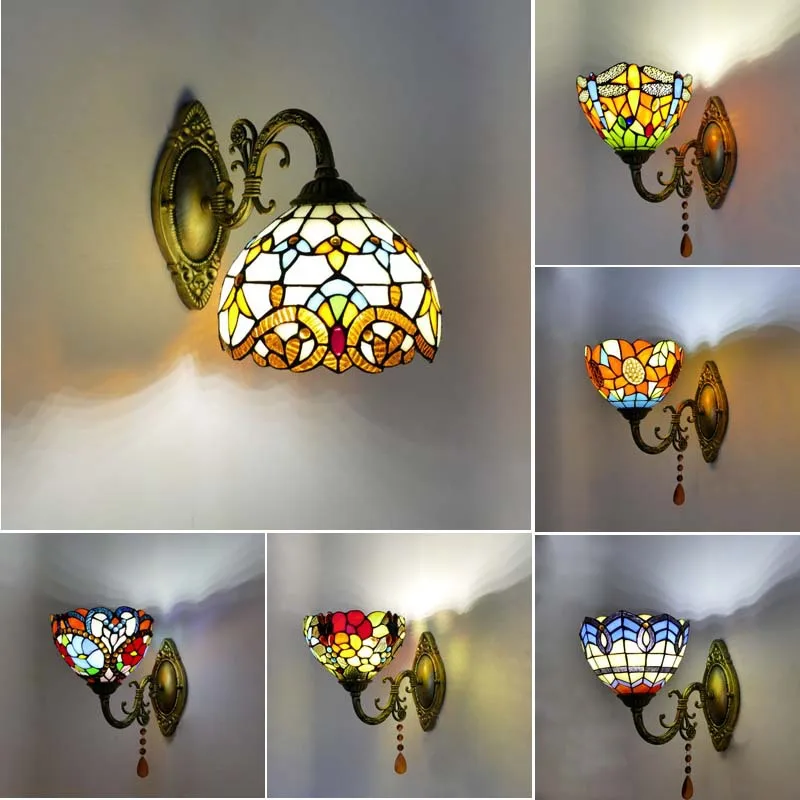 

Tiffany Stained Glass Wall Lamps Retro Mediterranean Bedroom Living Room Study Dining Room Aisle Baroque LED Wall lights Decor