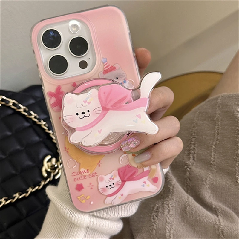 

Корейский милый мультяшный розовый котенок, магнитный держатель для телефона, подставка Tok GripTok, поддержка iPhone 16 Pro, аксессуары Magsafe