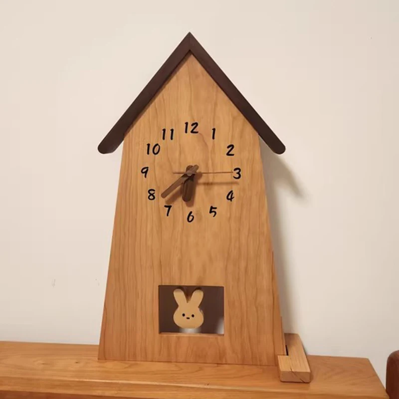 Wood Wall Clocks Silent Table Clocks Single-sided Watch Dual Use Interior Room Dacoration Items with Bunny Translation Pendulum