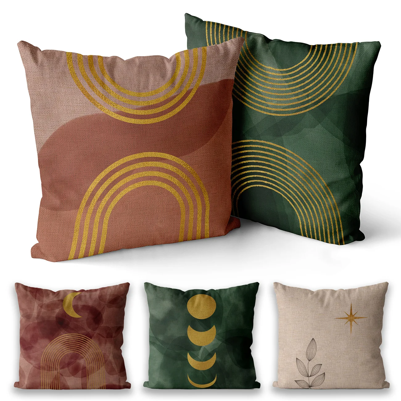 Nordic Plant Pillow Cover Geometric Abstract Moon Sun Green, Pink, 45x45, 40x40, Farmhouse Chair, Linen Cushion Cover for Living