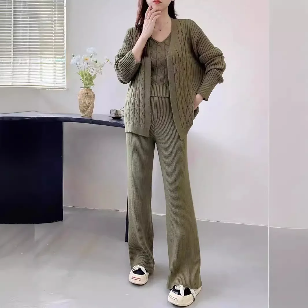 

Autumn/Winter Lazy Knitted Set Women's Loose Cardigan Strap Bottom Shirt Extended Wide Leg Pants 3-Piece Set