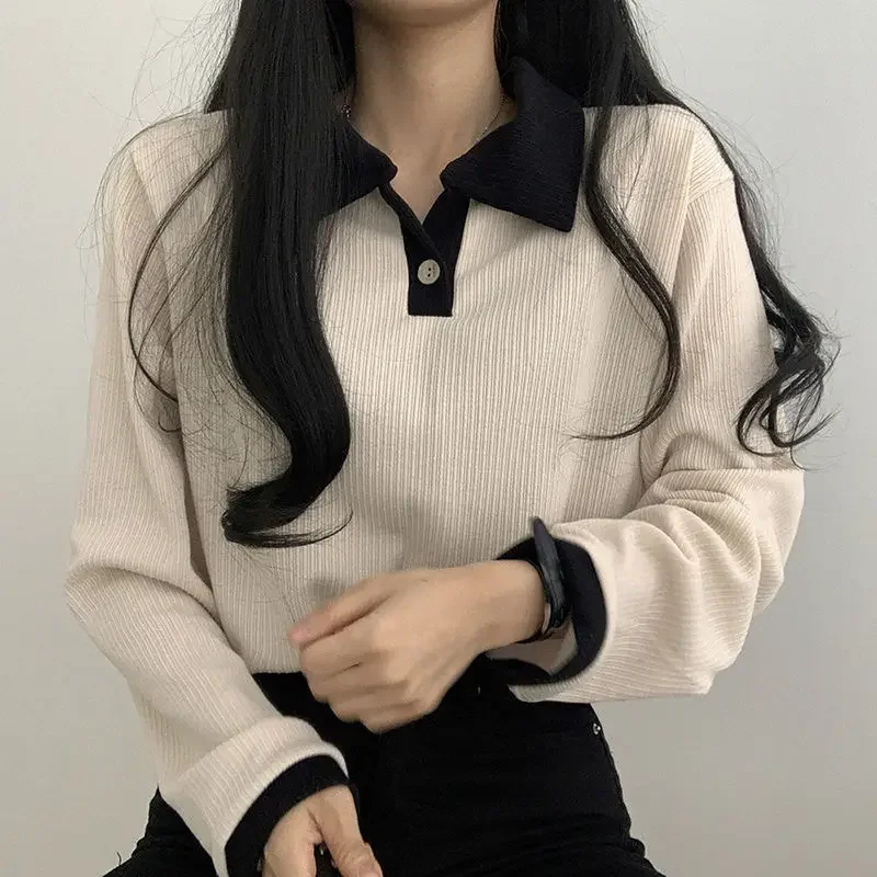 Casual Women T-shirts Korean Fashion Sweet Preppy Style Tops Female Autumn Long Sleeve Turn Down Collar Basic Pullovers Tees