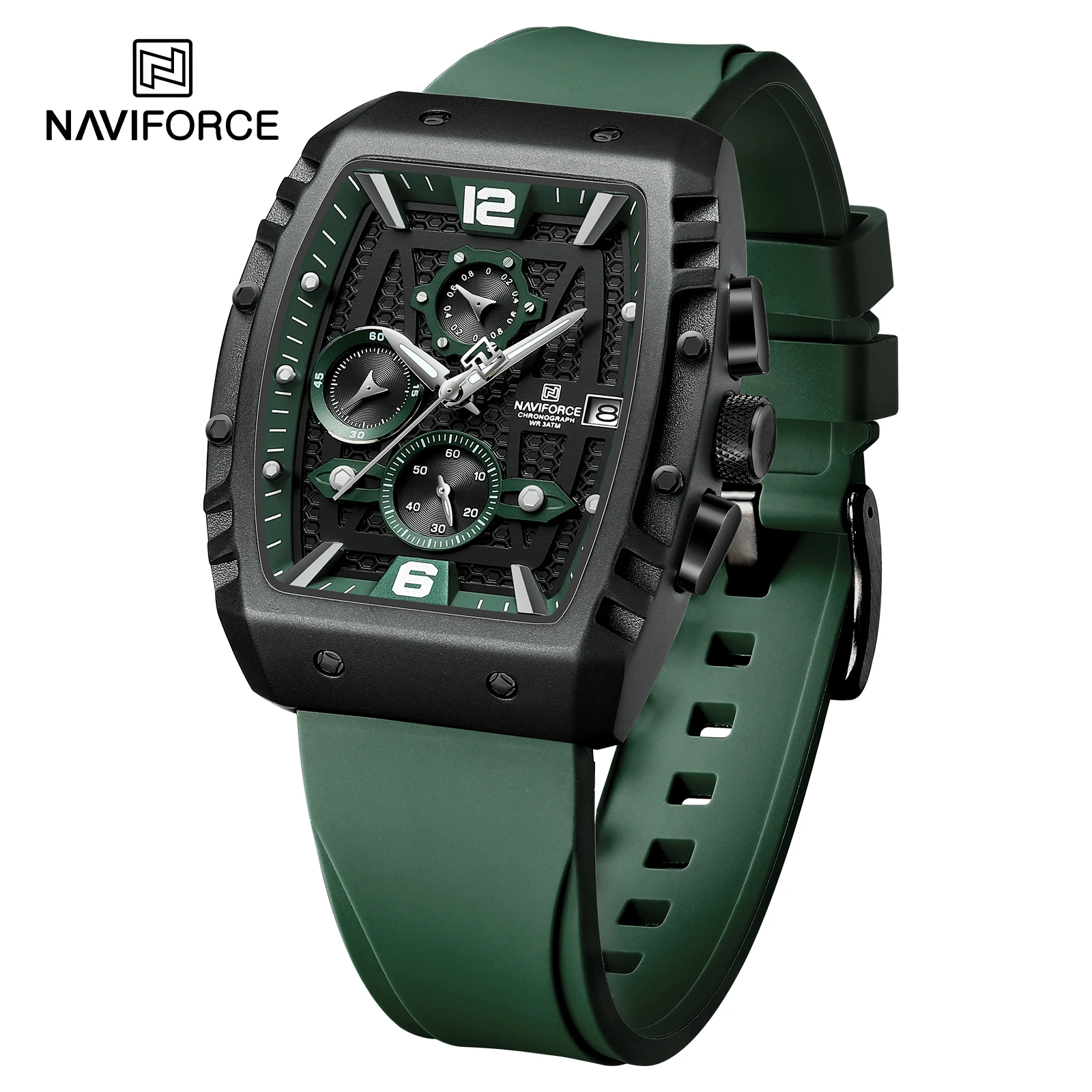 NAVIFORCE 8025 New Tonneau Men Quartz Watches Sports Waterproof Silicone Strap Wrist Watch for Man Calendar Male Chronograph