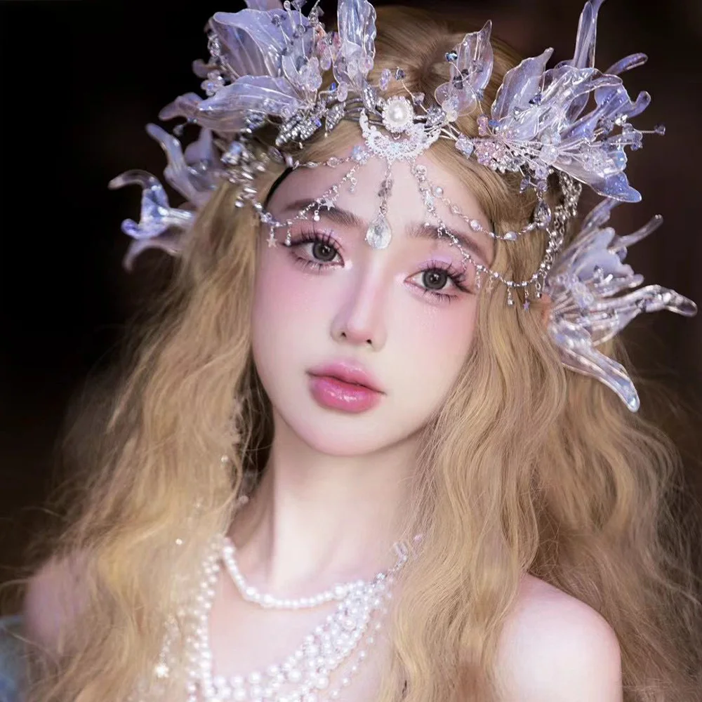 

NiuShuya White Mermaid Princess Headdress Tassel Forehead Chain Elf Ear Cosplay Studio Travel Shoting Hanfu Hairband Accessories