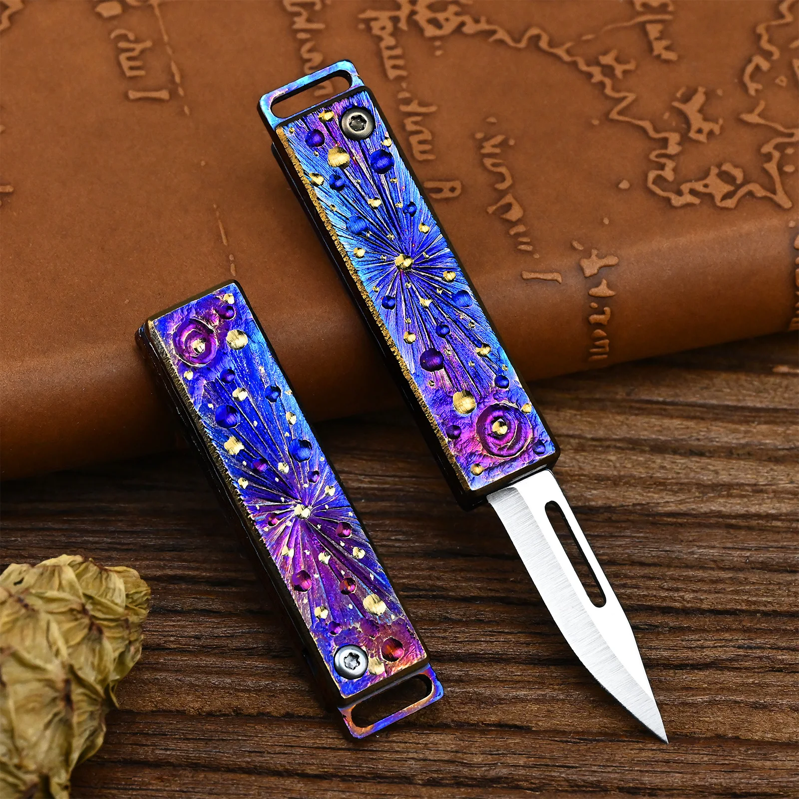 Hand Carved Starry Sky Pattern Titanium Alloy Mini Folding Knife, Sharp Keychain Pendant Disassemble Express Box Opening Tool