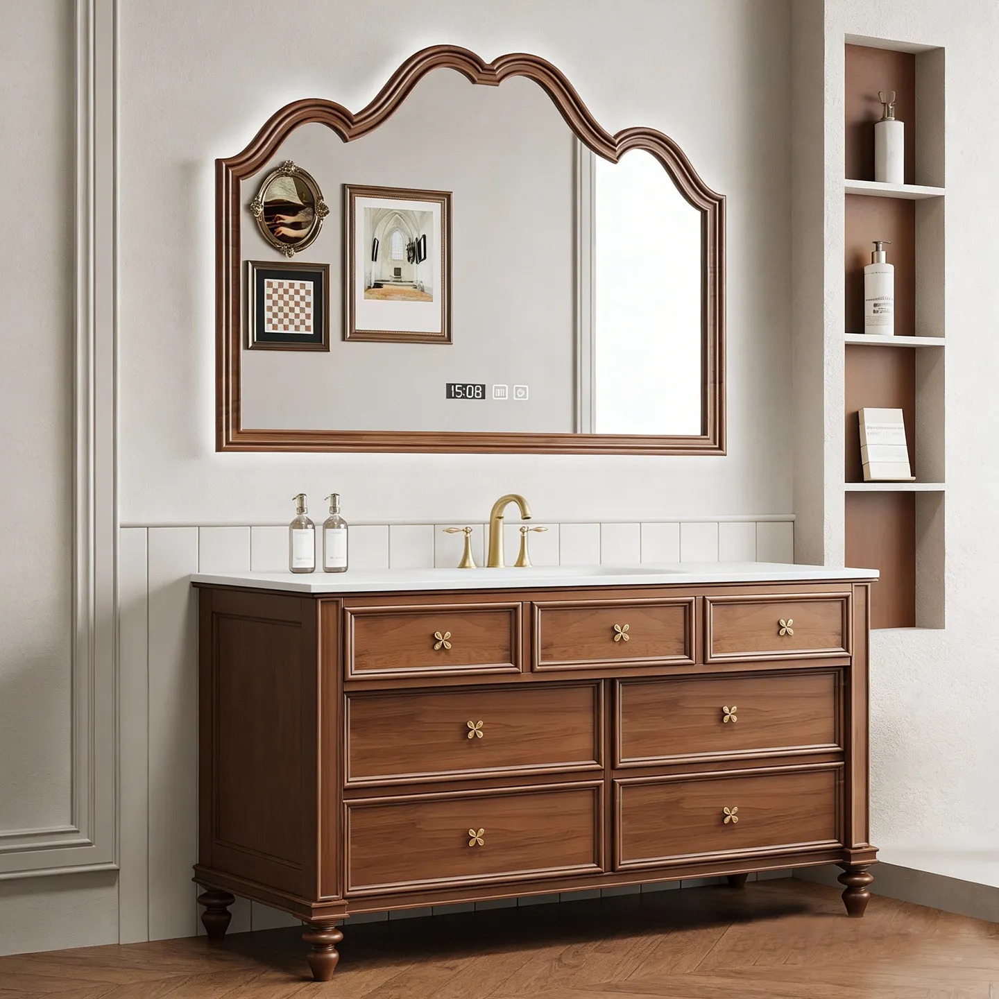 

Комплект мебели для ванной из дуба: тумба под унитаз, умывальник, напольный шкаф