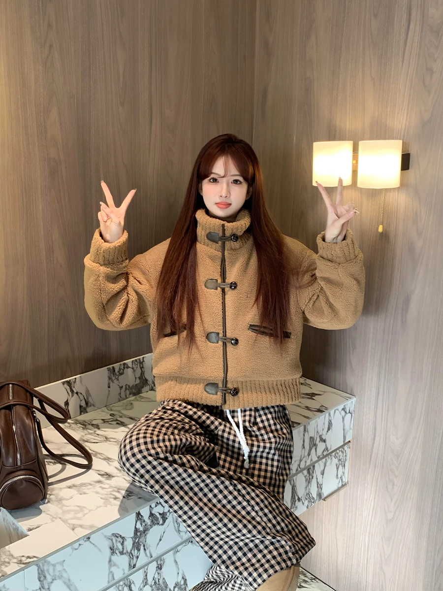 Jaqueta de lã de cordeiro feminina roupas de inverno mulher lona estilo do ensino médio botão detalhe frontal fantasia moda todos os dias ao ar livre pesado gf