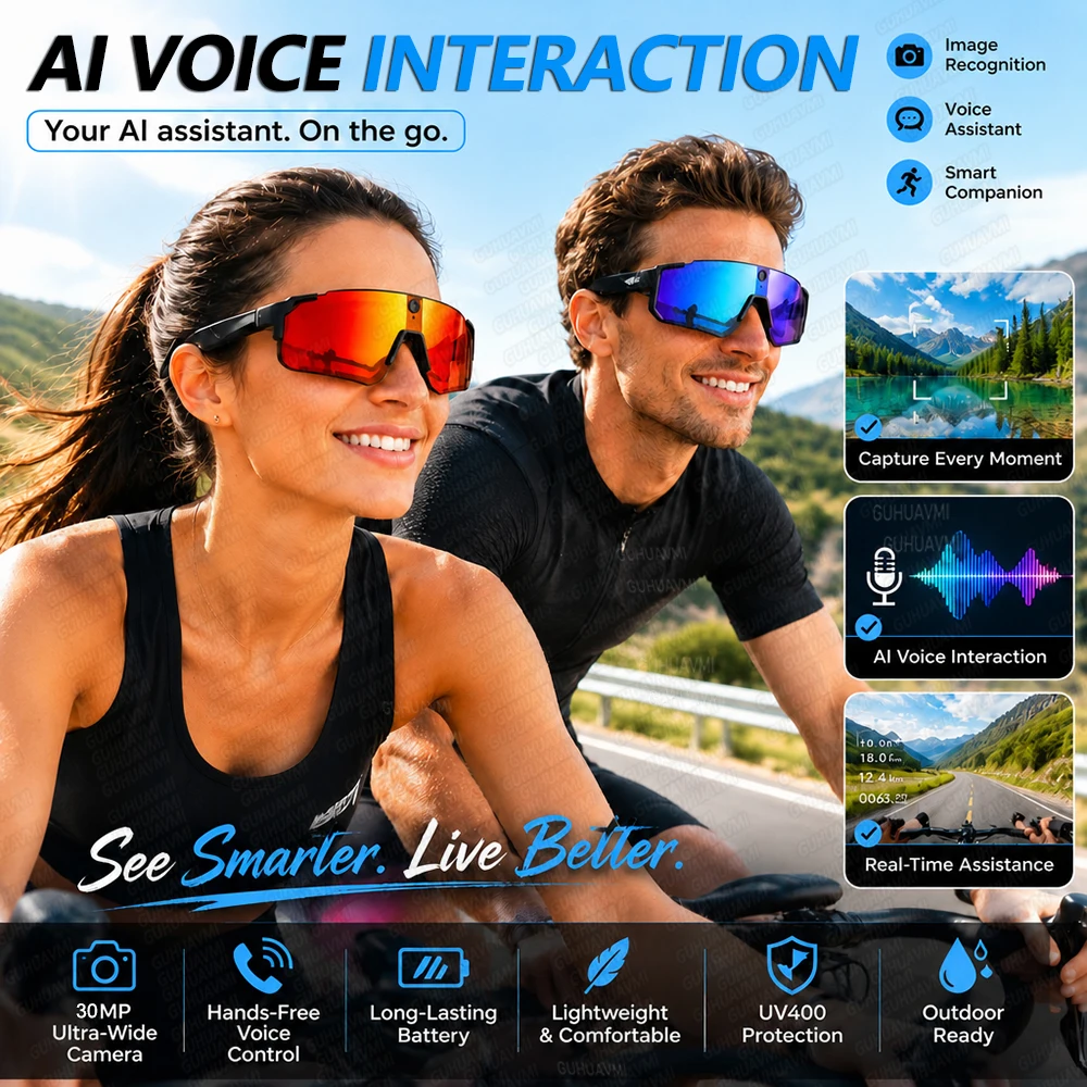 2026 New AI Smart Sports Glasses with 30MP Camera 4K Anti-shake Bicycle Riding Shooting Artifact Dual Mic 32GB Windproof Goggles
