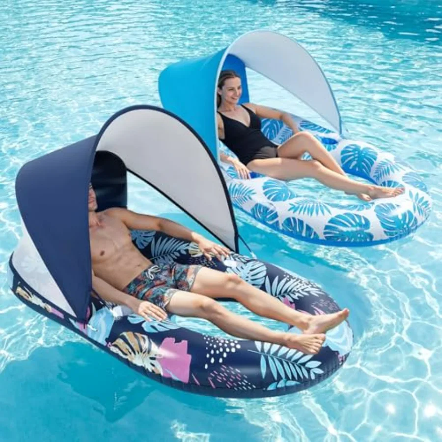 Inflatable Pool Floats for beach, lake, party use; PVC material; blue; UPF50+ removable canopy, 120 adjustable, large lounge de