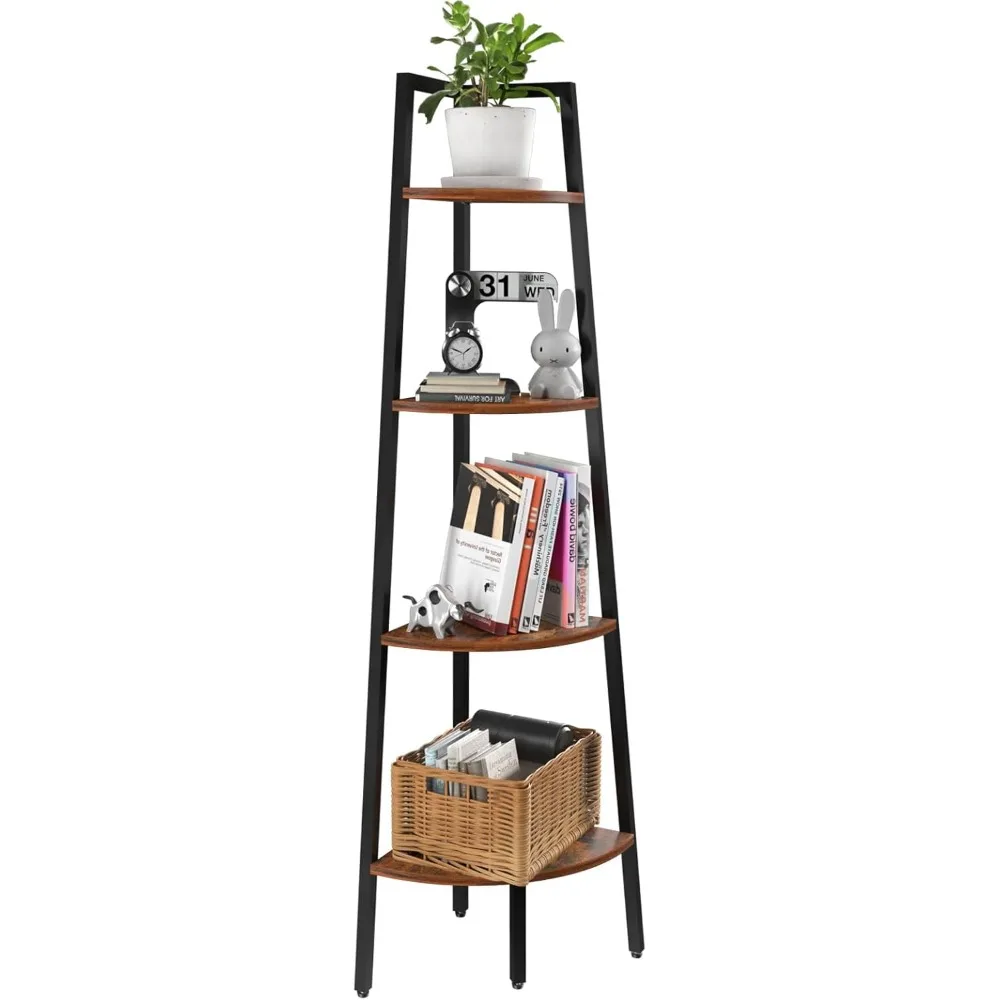 

4-Tier Corner Bookshelf with Metal Frame, Ladder Display Shelf for Bedroom Living Room, Tall Wood Bookcase Plant Stand
