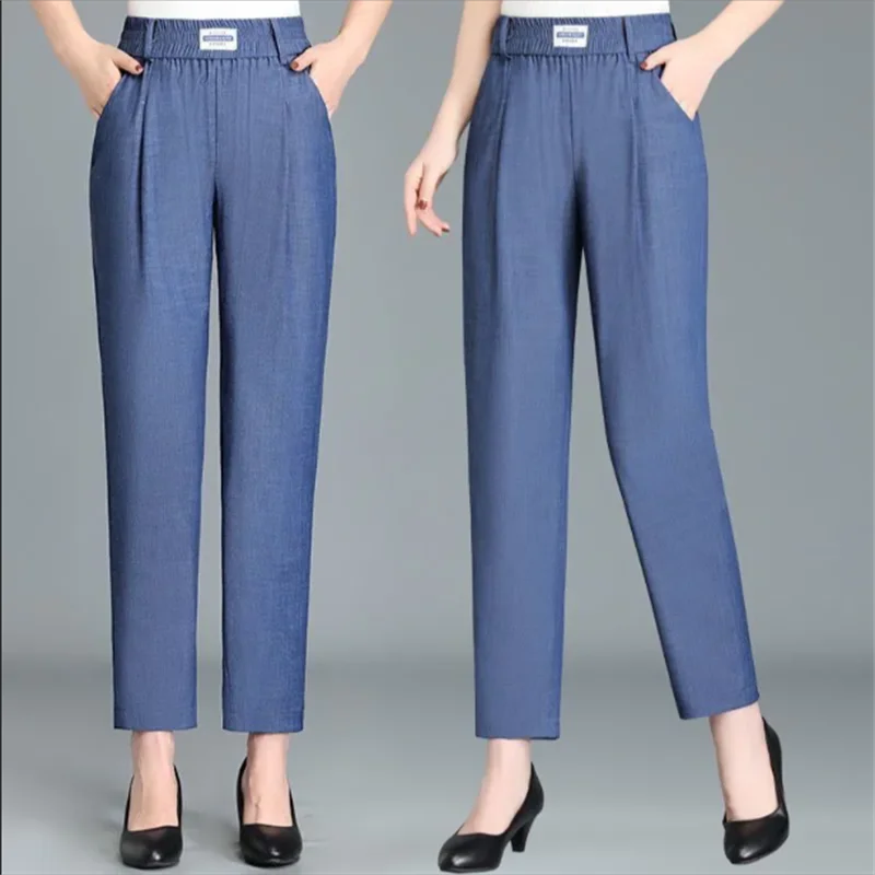 Ice silk jeans women's thin Trouser high-waisted loose straight nine-point pants middle-aged women's summer denim pants
