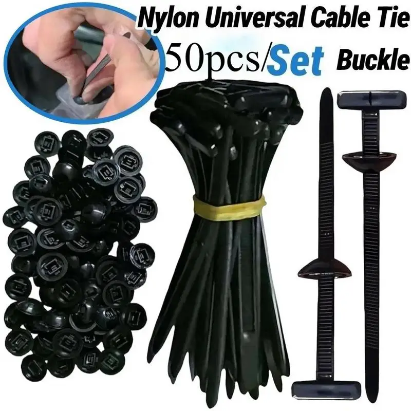 50pcs/set Self Locking Nylon Universal Cable Tie Buckle Heavy Duty Zip Ties with Pin and Button Car Repair Fastening Straps