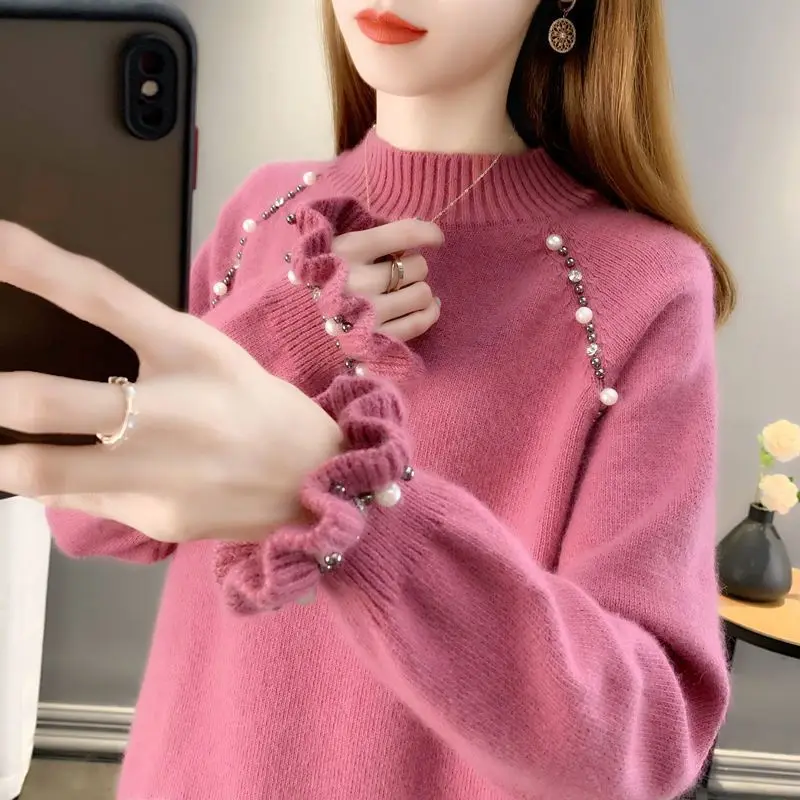 

2023 Women Spring Autumn New Long Sleeve Sweater Tops Female Half High Collar Knit Tops Ladies Solid Color Pullover Tops T264