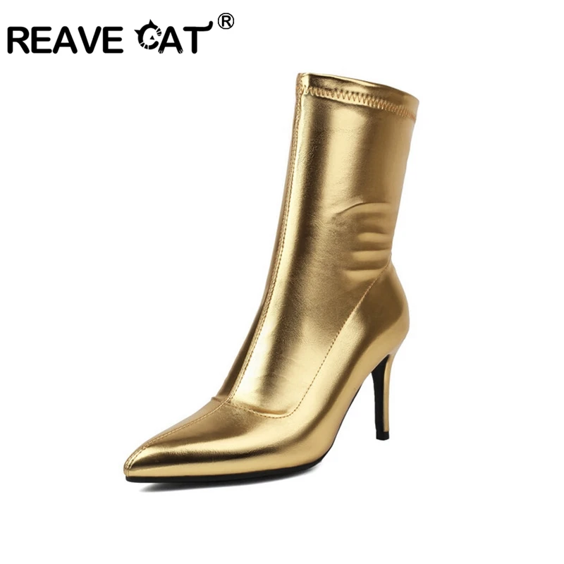 

REAVE CAT Fashion 10cm Stiletto High Heel Midcalf Boots Elastic Slim Sexy Autumn Antislip Shoes Big Size 47 48 US17 White Silver