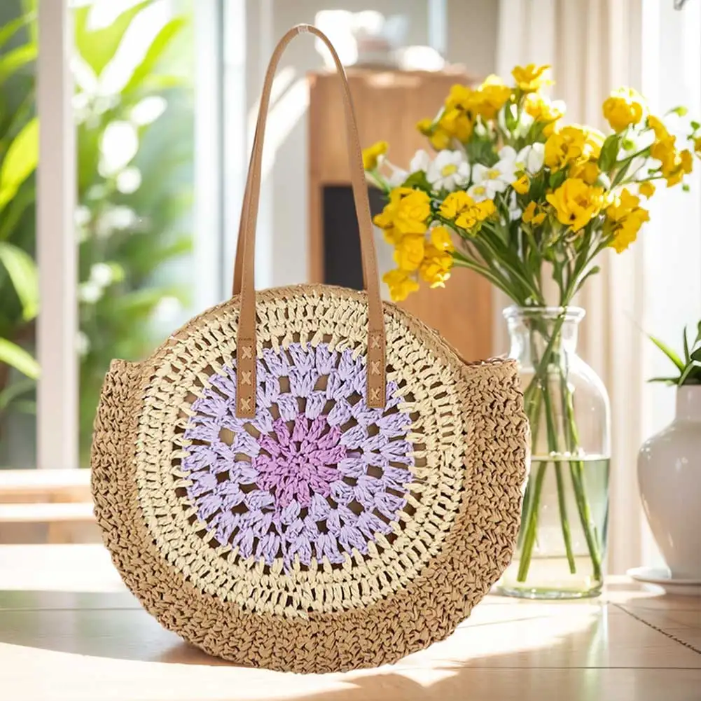 Borsa tote casual rotonda con chiusura a cerniera Borsa da spiaggia grande in tessuto con borsa da viaggio per vacanze con collisione colorata per donne e ragazze
