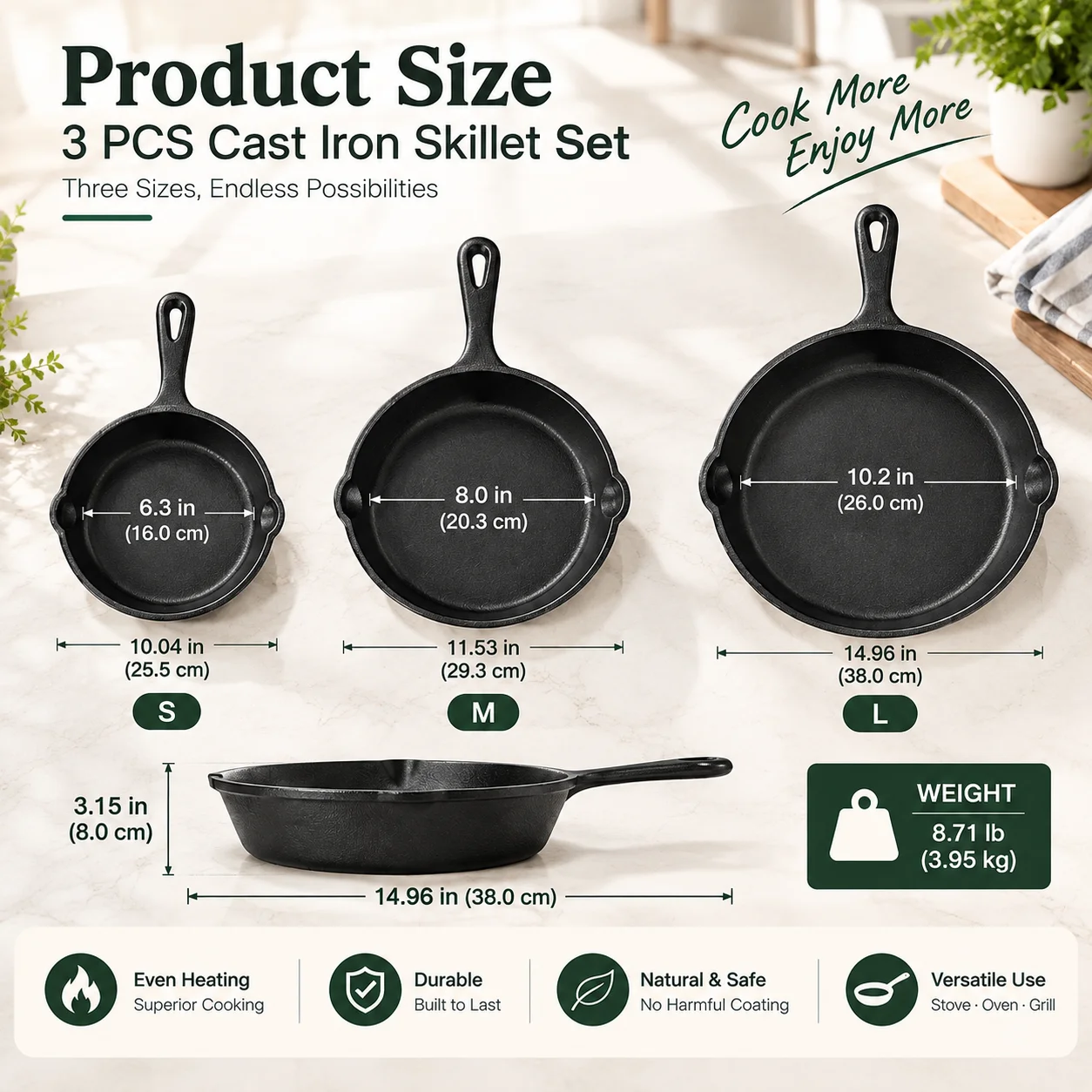 Multi-Size Cast Iron Frying Pan Set For Searing, Baking, And Frying With Dual Pouring Lips