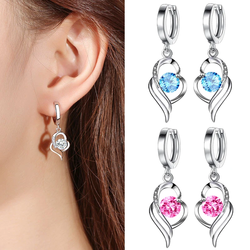 925 Sterling Silver New Woman Fashion Jewelry Wysokiej jakości niebieskie różowe białe fioletowe kryształowe cyrkonie Gorąco sprzedające się kolczyki