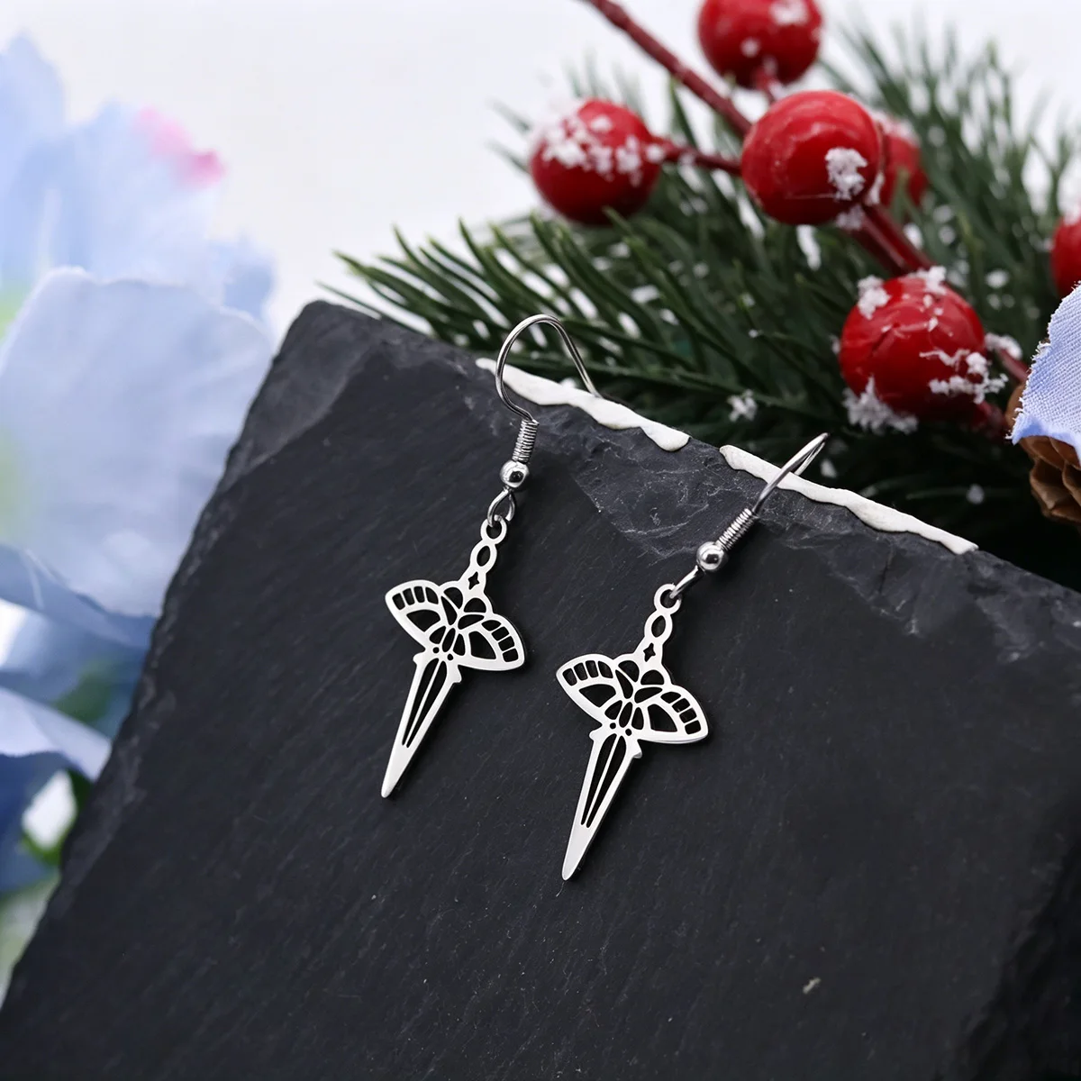 Stainless Steel Moth Butterfly Sword Dangle Earrings For Women Gothic Drop Earrings Witch Statement Jewelry  Party Accessories