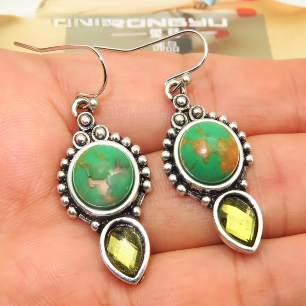 New Vintage Thai Silver Green Dragon Crystal Earrings Female Fashion Turquoise Eardrops Earrings for Women