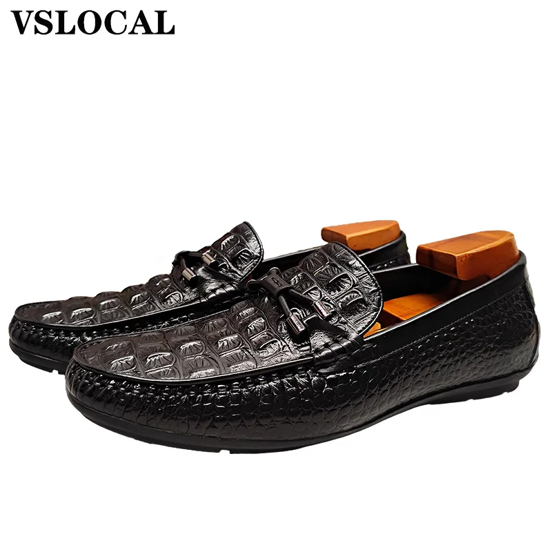 

Luxury Men Shoes Black Brown Slip On Croco Prints Casual Dress Shoes Man Wedding Office Business Leather Loafers For Man