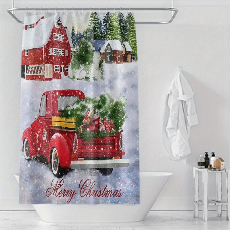 Christmas-Themed Print Shower Curtain with Vintage Red Truck & Snowy Village Design - Festive Holiday Bathroom Decor