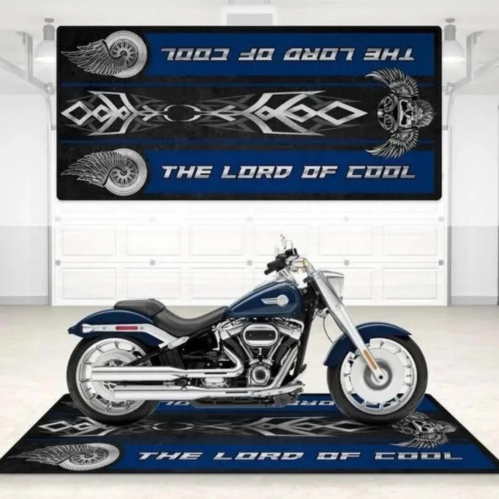 Crystal Velvet Motorcycle Mat, Anti-Slip Garage Floor Mat for Harley/Honda, Flame/Tribal/Racing Style, Motorbike Parking Rug view 3