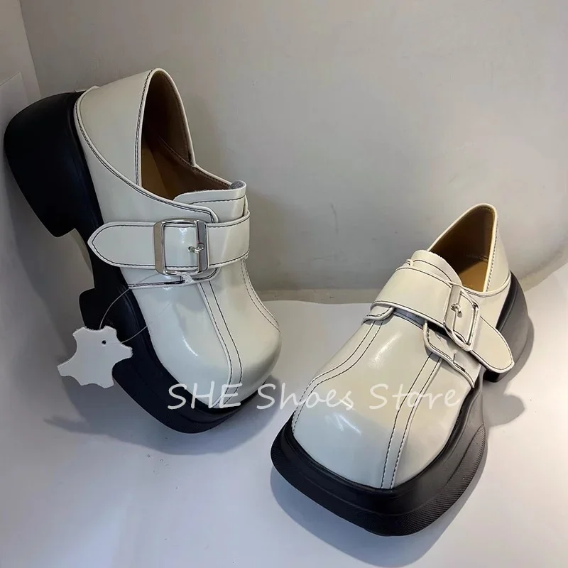 

Square Toe Chunky Bottom Women Wedges Pumps British Style Belt Buckle Decor Sewing Loafers Ladies Shallow Slip-On Casual Shoes