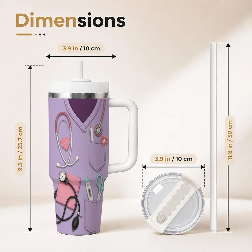 Nurse Nutrition Facts Medical Vacuum Flasks 40oz Stainless Steel Insulated Tumbler With Handle & Straw Leakproof Travel Mug