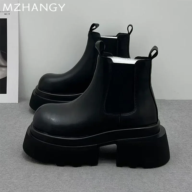 Women Ankle Snow Boots Fashion Mid Heels Shoes Woman 2025 Trend Leather Walking Pumps Winter Goth Motorcycle Boots Mujer Botas