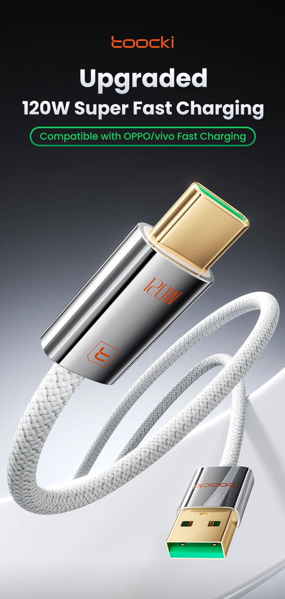 Toocki 120W USB Type C Cable for OPPO Supervooc 2.0 Vivo Super FlashCharge Data Cord Fast Type C Cable for iPhone Xiaomi Samsung