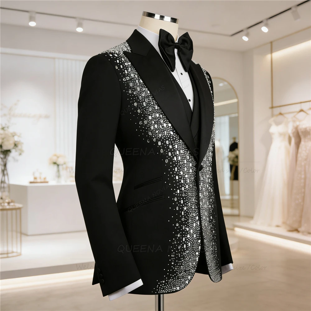 

Эксклюзивный костюм со стразами и бисером, мужской однобортный пиджак, жилет, брюки, комплект из трех предметов, свадебные смокинги для жениха, ужин, банкетная одежда