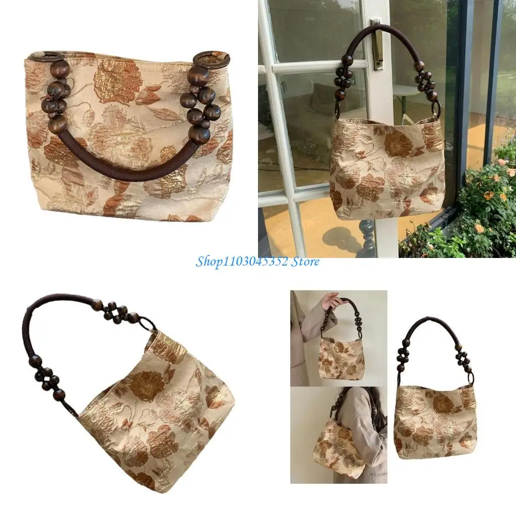 

Women Embroidery Print Handbag Flower Shoulder Armpit Bag with Beads Chain