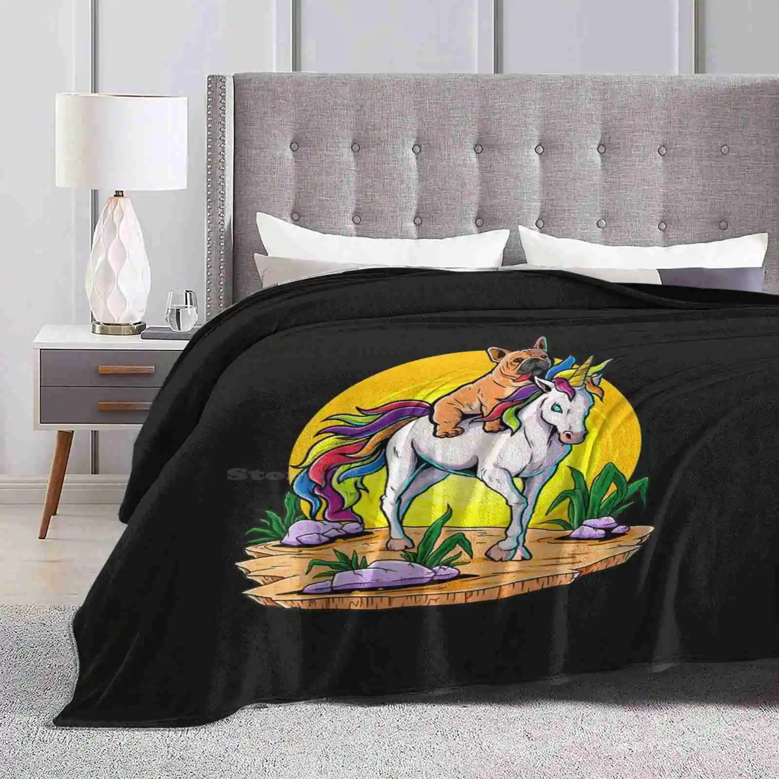 French Bulldog Riding Unicorn Kids Girls Sunset Frenchie Dog Air Conditioning Soft Blanket French Bulldog Riding Unicorn Kids