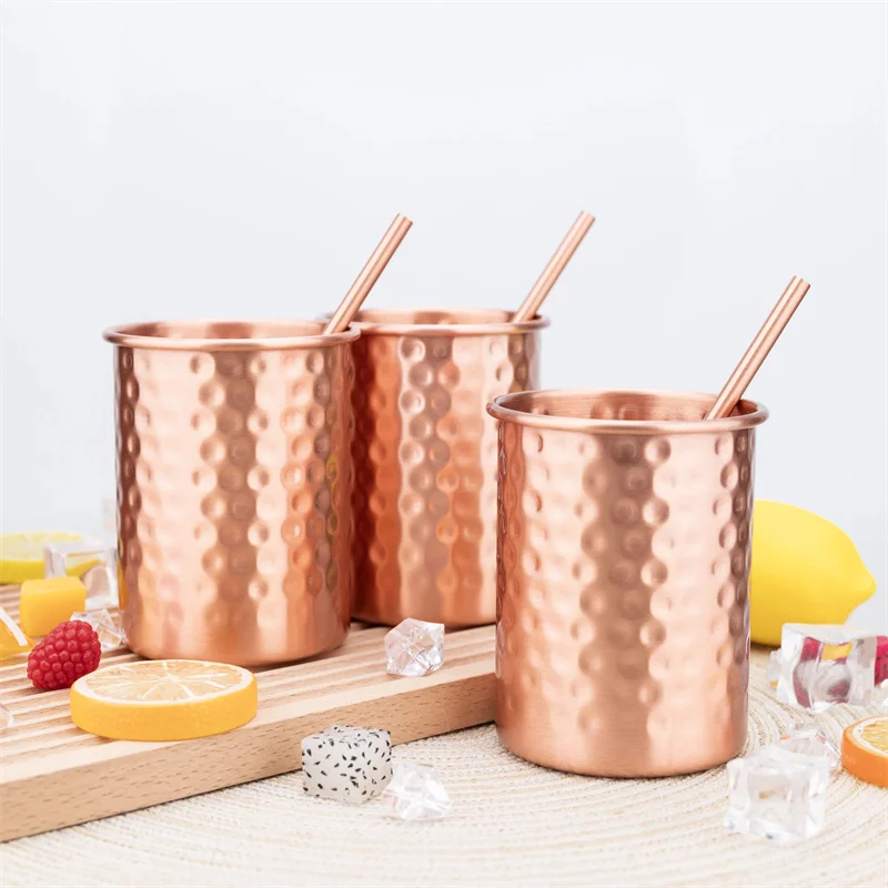 Retro, wykonane w całości z czystej miedzi, zestaw 2 kubków i 2 słomek, pojemność 400 ml, solidny kubek do drinków typu Moscow Mule, 100% miedziany kubek do koktajli, kubek do piwa, mleka, herbaty,