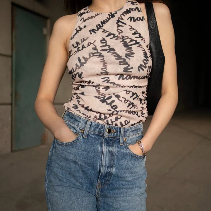 Sexy Women Casual Irregular Letter Printing Tops Versatile Knitted Mesh Unique Pleated Female Tank Vest With Good Elasticity