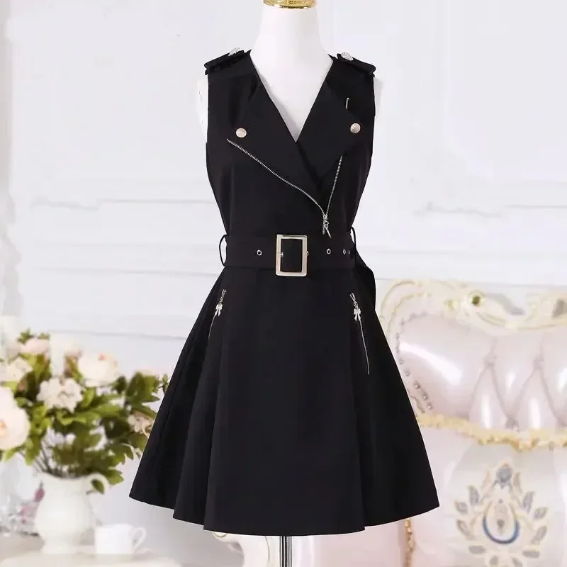 

British Fashion Black Zipper Slim Elegant Lady Dresses Fall Clothing Punk Goth Gothic Women Sleeveless Vest Dress 2025 Hot Sale