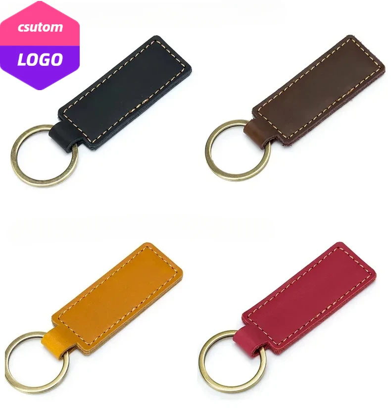 

Vintage Custom Logo Cowhide Leather Keychain for Men and Women Personalize Car Bag Key Chains Laser Engrave Name Keyring Gift