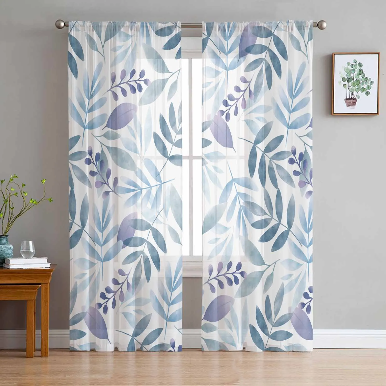 

Plant Purple Gray Blue Lake Blue Leaves Watercolor Rural Sheer Curtains for Living Room Bedroom Window Treatment Kitchen Curtain