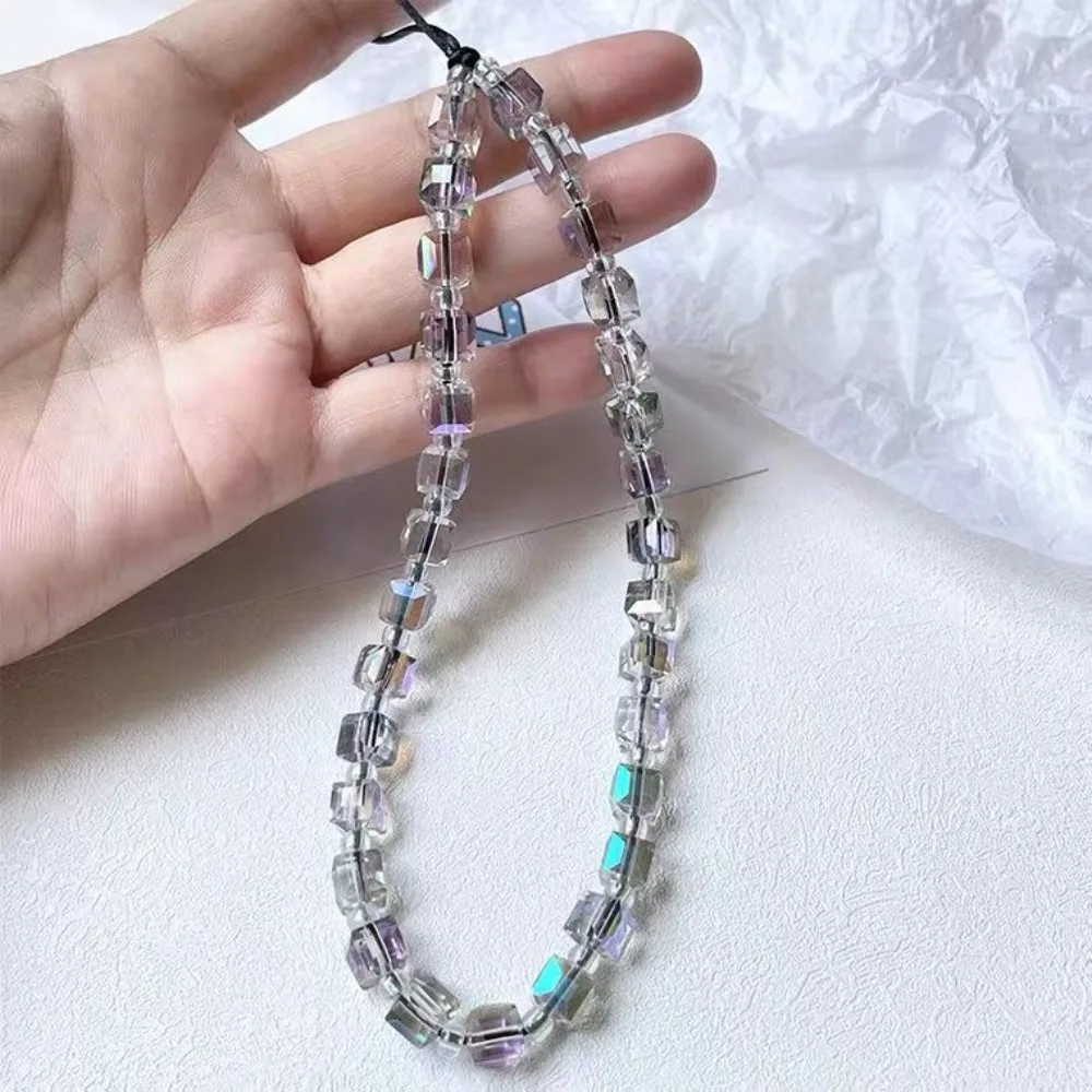 Phone Strap for Case Crystal Wristlet Rainbow Color Transparent Cubic Bead Phone Charm Portable Telephone Chain Cord Accessories