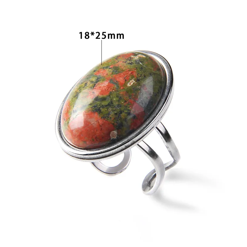 Natural Stone Ring for Women Vintage Silver Color Aventurine Stone Rings Big Cabochon Open Ring Adjustable Men Female Jewelry