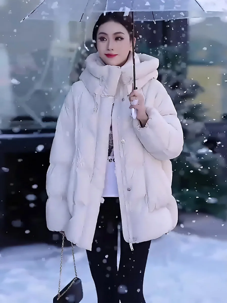 Chaqueta de Plumón para Mujer, Color Blanco, con Capucha, Abrigo de Invierno Cálido, Estilo Dulce y Elegante, Largo Regular, Sin Marca