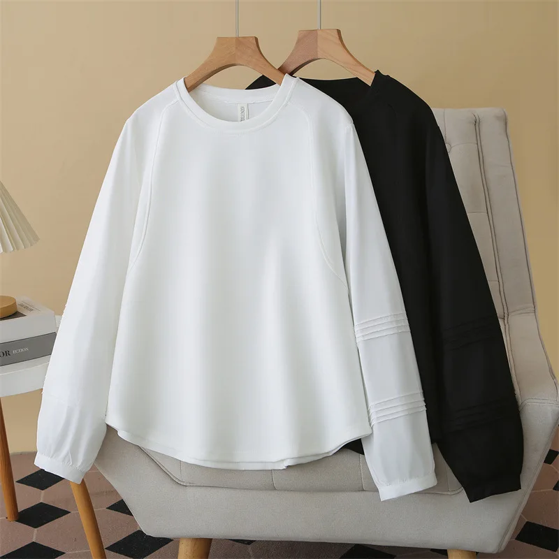 2026 Spring Plus Size Women's Sweatshirt Ruched Long Sleeve Crew Neck Patchwork Tops Casual Loose Tee For Curvy Ladies 9901 view 6