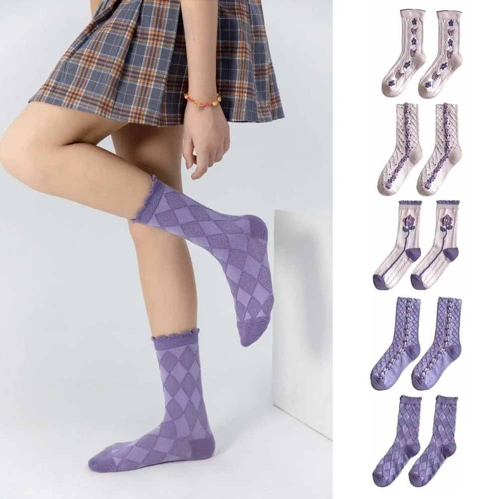 

5Pairs Ins Purple Series Floral Tube Socks Flower Bowknot Girls Mid-calf Socks Breathable Hosiery Sweet Sock Women Girl Teens