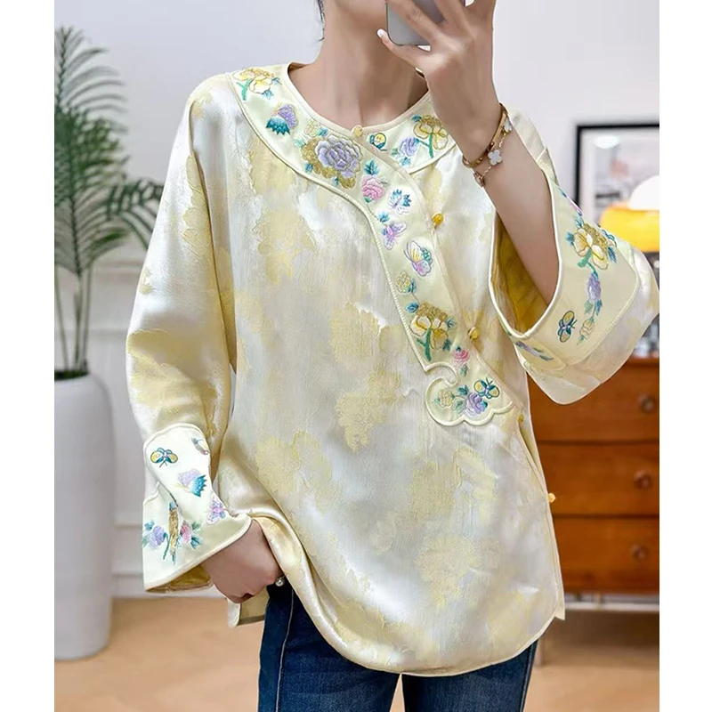 

Spring New Round Neck Chinese Handmade Button Artificial Rayon Fabric Jacquard Embroidery Retro Elegant Women's Shirt S-XXL